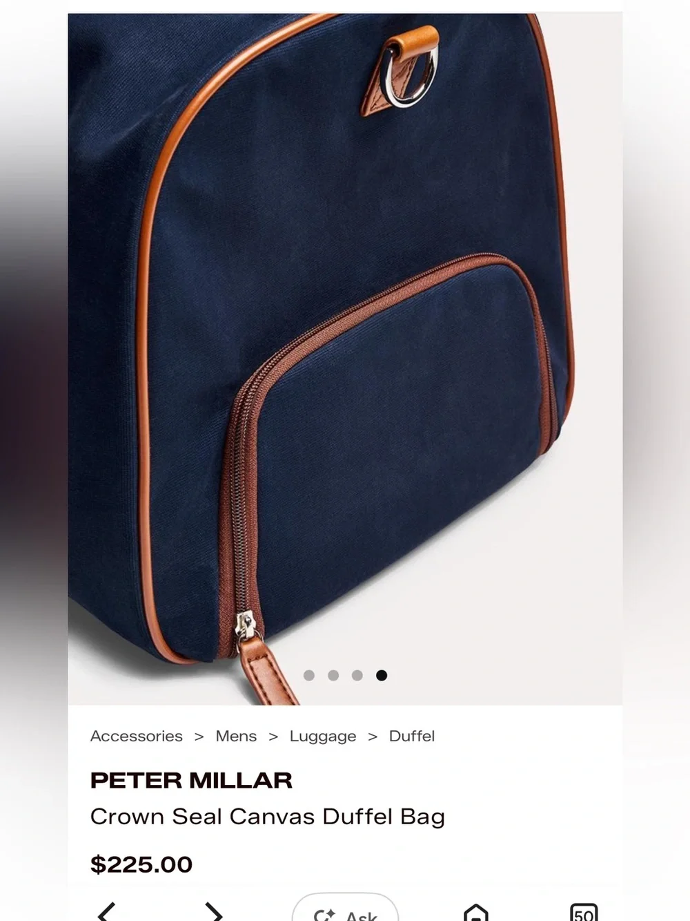 Peter Millar Navy Blue Duffel Bag Crown Seal Canvas Disney Cruise Brown Accents